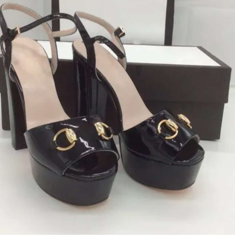 Elegant Black Platform Heels with Gold Accents
